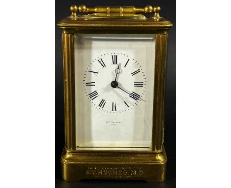 19th century French carriage clock with enamelled dial and presentation script dated 1878, eight day timepiece, currently run