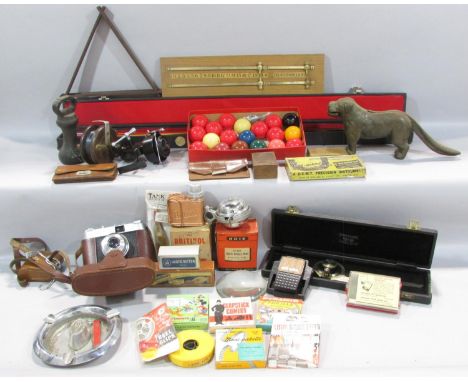 Miscellaneous collection of items including a two piece snooker cue in a case, a set of child’s snooker balls and an extra bl