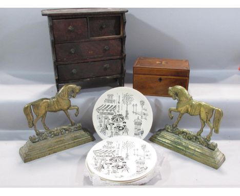 A miniature pine chest of drawers (possibly an apprentice piece) a tea caddy and pair of brass horse door stops and six Paris