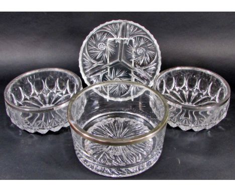 Seven circular glass bowls of varying size with silver plated collars and two cut glass hors d'oeuvres dishes (9) 