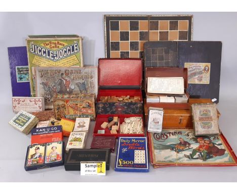 A large collection of traditional vintage toys and games including a Mahjong set in card box, a leather covered wooden Backga