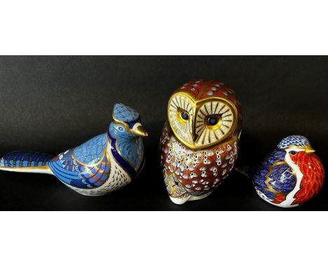 Six Royal Crown Derby porcelain animal paperweights / figures to include a walrus, penguin, owl, robin, dolphin and pheasant 