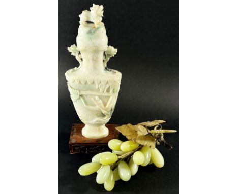 A collection of Chinese carved bowenite jade and other hardstone items to include a large twin-handled vase and cover, carved