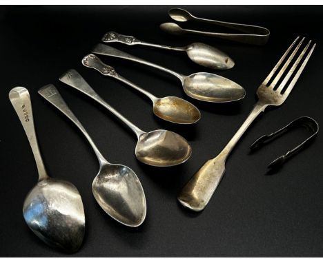 Assorted 19th century silver flatware, mostly spoons for various uses, a fork and two sugar tongs, 13.8oz approx 