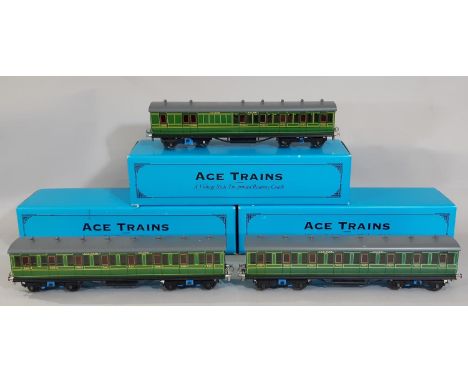 3 boxed 0 gauge Southern Rail coaches by Ace Trains comprising  2x First and 1x Brake Coach all in SR lined green livery (3) 