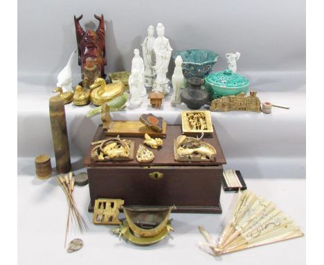 A group of Oriental items to include a Chinese late Qing/Republican Famille Rose porcelain brush washer with tree form tripod