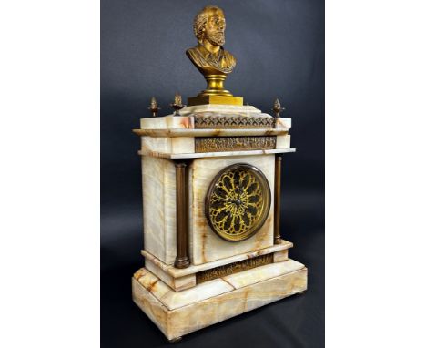 Good quality mid-Victorian period onyx and brass mounted mantle clock with column supports and classical frieze, Gothic dial,