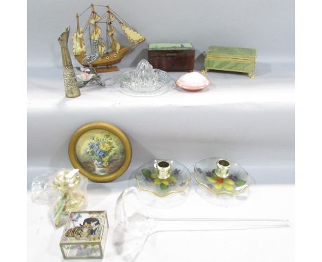 Miscellaneous collection of items to include Blue Danube music box, onyx box, model boat, glass lemon squeezer, brass door kn