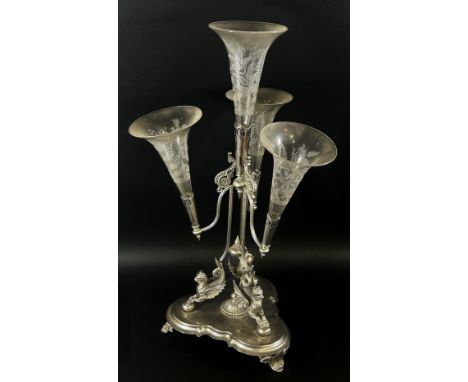 A 19th century silver plated epergne centrepiece with a central fern etched trumpet vase with three further lower vases, supp