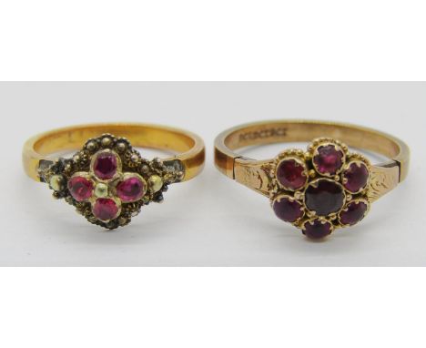 Two antique 9ct cluster rings; a ruby cluster example with cannetille detail, size K, 2.3g and a garnet cluster example, shan