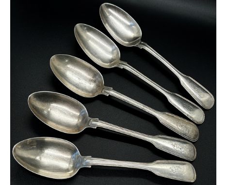Four Victorian silver serving spoons and five dessert spoons, all London c.1850, maker Elizabeth Eaton, 22oz approx