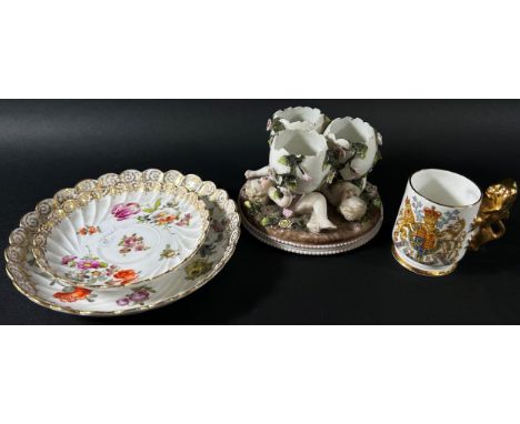 Mixed continental porcelain to include a miniature Royal Crown Derby teapot, three Hummel figures, German flower group and th