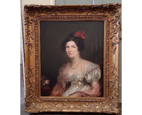 British School, Early 19th Century - Portrait of a Lady Wearing Pearl Earrings and Necklace, seated half portrait in gilt fra