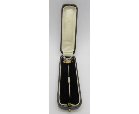 Fishing / Angling Interest - unusual antique white metal stick pin with enamelled head detailing a fish, basket and net, the 