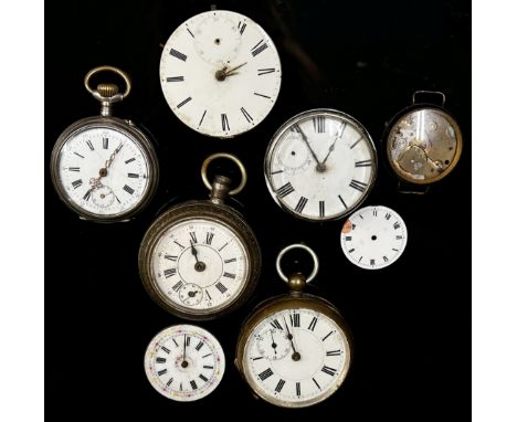 Three silver plate fob / pocket watches and further loose movements and dials (7) 