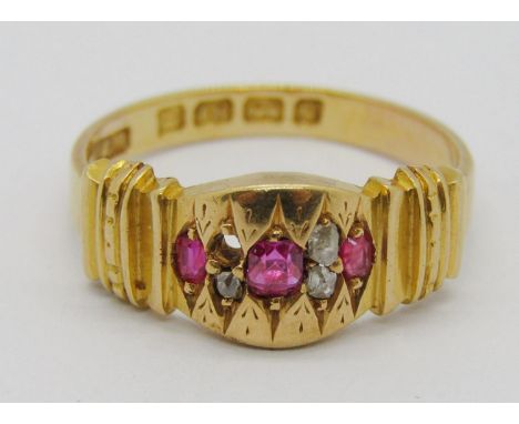Late Victorian 18ct ruby and rose-cut diamond ring, Birmingham 1881, size M/N, 3.5g (af one diamond vacant) 