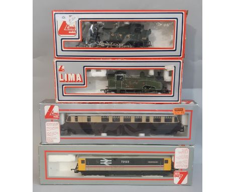 Four boxed 00 gauge locomotives by Lima comprising 205132 GWR Diesel Rail Car, 205111 Class 45xx 2-6-2T 4589 in GWR green, 20