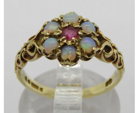 Antique style 9ct opal and ruby cluster ring, maker 'MK', London 1970, 2.7g 