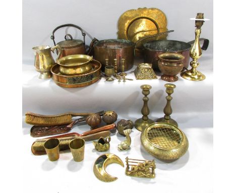 Box of miscellaneous brass, Brewer's sieve, Art Nouveau ink stand, crumb tray and brush, etc 