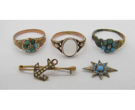 Group of antique yellow metal jewellery comprising a 9ct cabochon moonstone ring, Chester 1919, size N/O, 2g, a 19th century 