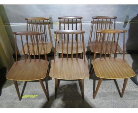 Set of six Folke Polson for FDB Mobler J77 model teak stick back dining chairs 