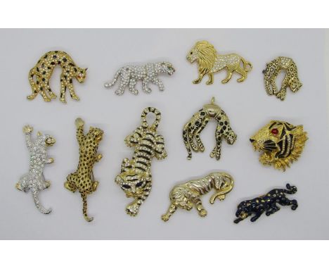 Collection of decorative costume jewellery wild animal, cat and dog brooches of various design, to include elephants, big cat