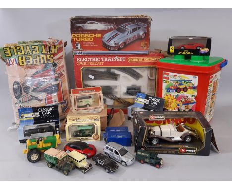 Lego - Evel Knievel cycle, toy model cars, Hornby train set, (all play worn) 