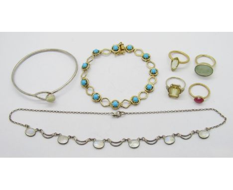 Mixed lot of contemporary silver jewellery to include two silver gilt dress rings set with rose-cut gems, both maker 'LR', Sh