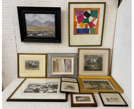 A mixed collection of decorative pictures to include Jean Bird, a small study of a pig in farmyard, gouache, Chelsea Art Soci