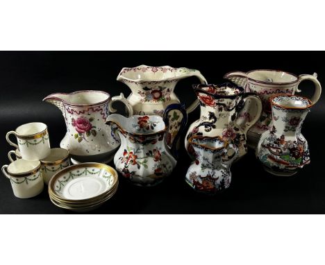 A Doulton Burslem blue and white planter, 19th century and other jugs, and a collection of Royal Albert coffee cans and sauce