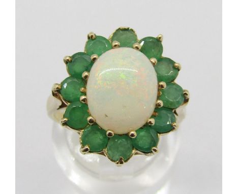 Vintage 9ct opal and emerald oval cluster ring, maker 'P&amp;RB', size L, 3.3g 