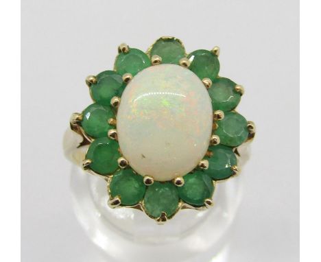 Vintage 9ct opal and emerald oval cluster ring, maker 'P&amp;RB', size L, 3.3g 