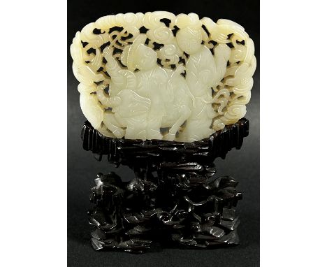 A Chinese carved pale mutton fat coloured jade / jadeite panel, pierced and carved with a figure and attendant (possibly Guan