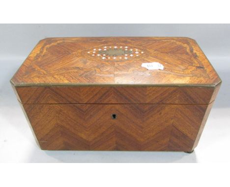 A 19th French marquetry tea caddy with two divisions, one button foot missing, 24cm wide. 