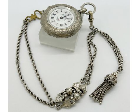 A continental silver-cased fob watch, with painted enamel dial with painted floral motifs, on rope-twist chain 