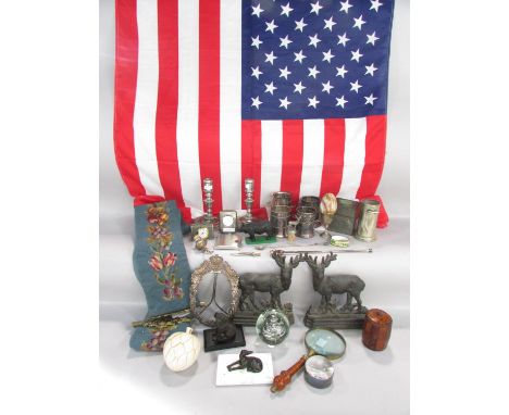 An interesting collection of mixed decorative arts to include a pair of Victorian cast iron doorstops in the form of stags, a