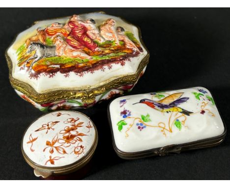 A Capodimonte porcelain box with character and floral relief detail and two further boxes one with enamel detail (3) 