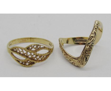 Two vintage 9ct rings; a wishbone ring, size P/Q and an openwork example, size P, 3.8g total 