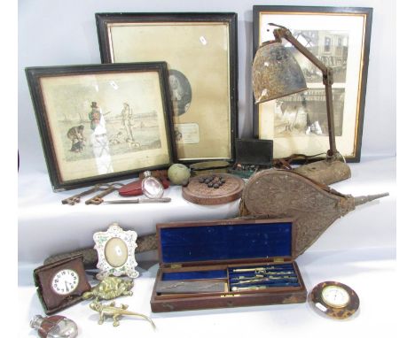 An intricately carved heart shaped bellows, drawing set, pictures, a miniature pair of binoculars, an industrial office lamp,