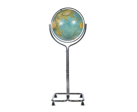 GLOBE A globe on chrome stand with Florence maker's mark. 144cm(h)