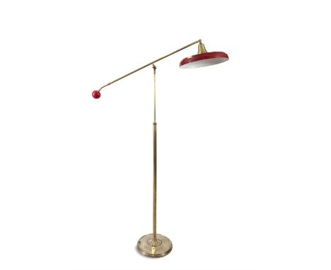 GAETANO SCIOLARIA brass floor lamp with red shade with counterbalance by Gaetano Sciolari with maker's mark. Italy, c.1960. 1