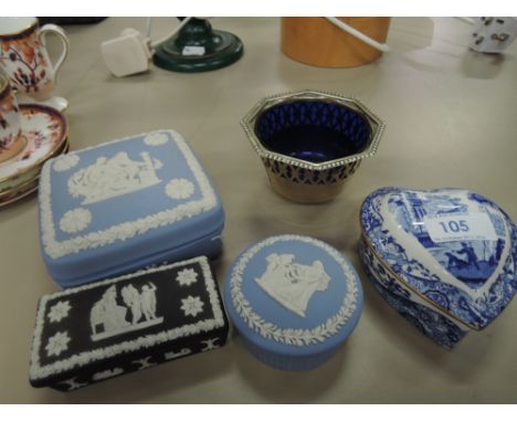 A selection of jasperware, Spode and a plated sucre with glass liner