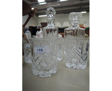 A Royal Doulton glass decanter and four glasses and another decanter