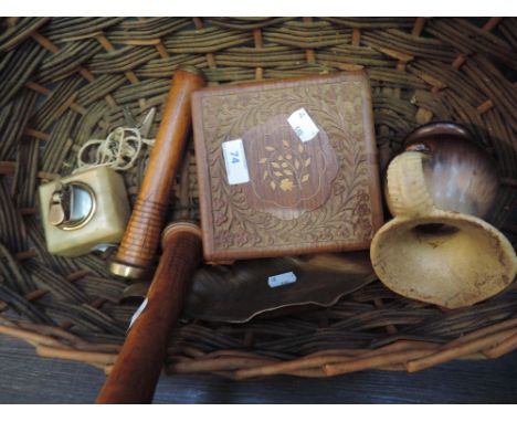 A basket containing cigarette lighter on its base, treen box, ceramic jug and copper and enamel dishes etc