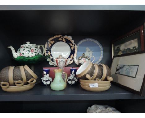 A miscellaneous shelf containing Denby, Sadler tea pots, jasperware etc