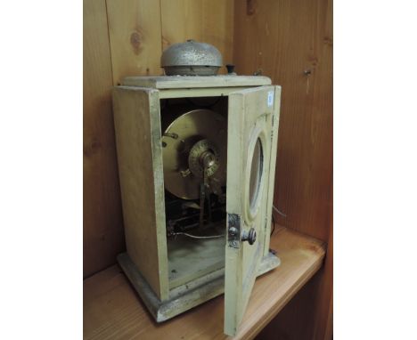 An early/mid 20th century electric clock/timer with belt, in painted wooden case