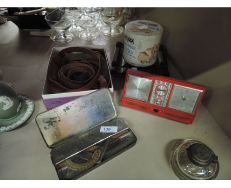 A miscellaneous collection including geometry set, glass inkwell and radio alarm clock etc