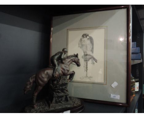 Print Bird of Prey after Stuart Sims and a resin figurine of a jumping horse 