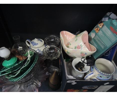 A shelf of miscellaneous including organ tuning bells, ceramics including Wedgwood and glassware