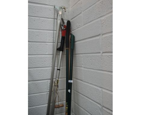 A selection of garden tools, camping chairs etc